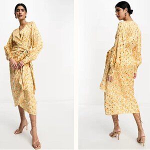 Never Fully Dressed Satin Wrap Vienna Midi Dress In Pastel Gold Mix Size US 8